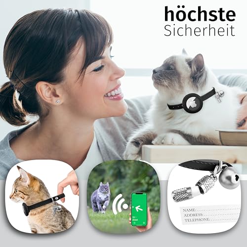 Katzenhalsband AirTag Mit Gummizug - Leder Halsband Mit Glocke, Namen und GPS Tracker Ohne ABO - Sicheres Katzenband Mit 30Sch