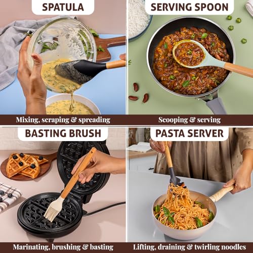 Image of Fruitalite Silicone Kitchen Utensils Spoon Spatula Cooking Set of 12 Pcs | Non-Stick with Wooden Handle- BPA Free, Heat Resistant, Flexible Non Toxic Silicon Cookware Tools with Holder- Beige