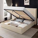 Einhomn Full Size Lift Up Storage Bed with Wingback Headboard, Upholstered Linen Bed Frame with Havy Duty Wooden Slat Support, Hydraulic Storage, Noise Free, Easy Assembly, Beige