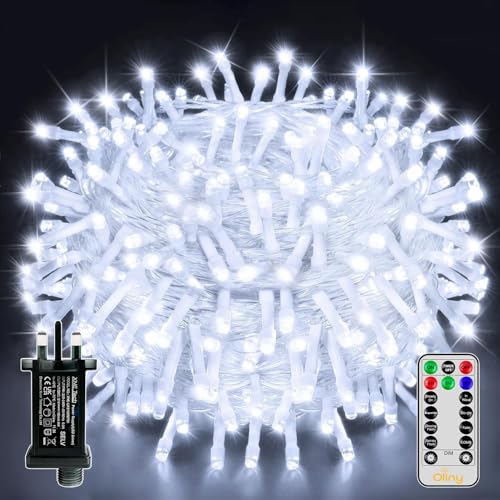 Ollny Christmas Tree Lights, 20m 200 LED Outdoor Fairy Light Mains Powered, Waterproof Cool White String Light with Plug,Remote/8 Modes/Timer, Bright Lighting Indoor/Outside/Garden/Xmas Decorations