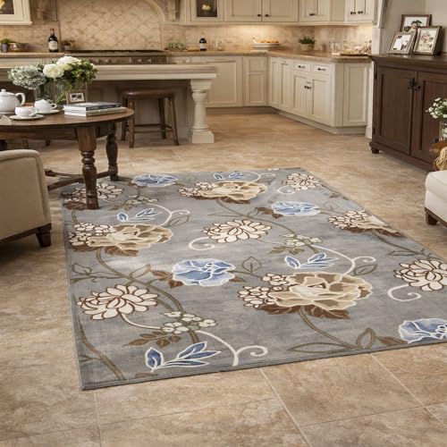 Tapis rectangle salon lavable résistant aux taches motifs gris - 2