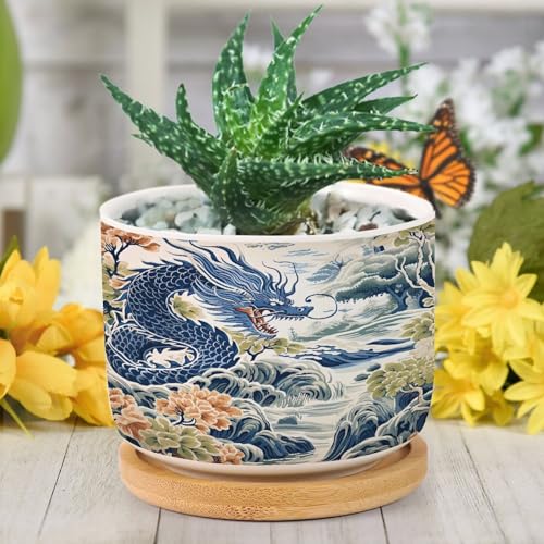 BRUYU5SE Trend Dragon and Print Ceramic Planters Chinoiserie Asian Inspired Flower Pots for Indoor Plants with Drainage Holes and Saucers Pot for Pots Outdoor Indoor Plants
