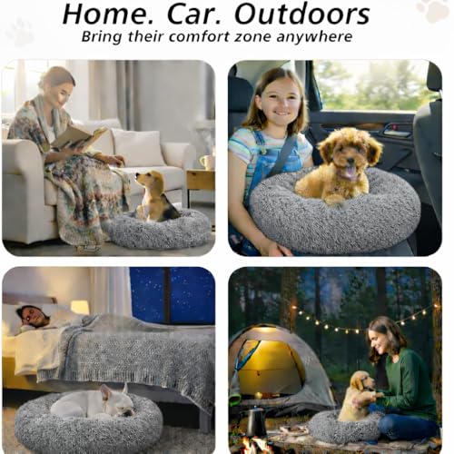 Image of ZEXSAZONE Summer Grey Plush Dog Bed - Anti-Anxiety Round Donut Pet Bed with Raised Edges | Soft Faux Fur Calming Bed for Puppies, Cats & Small Dogs | Machine Washable