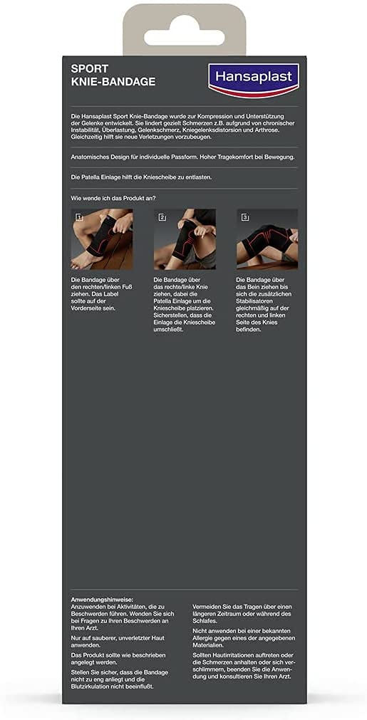 Hansaplast Sport Knie-Bandage, Kniebandage stabilisiert und unterstützt das Gelenk, Bandage mit Patella-Einlage hilft die Kniescheibe zu entlasten, Größe S/M