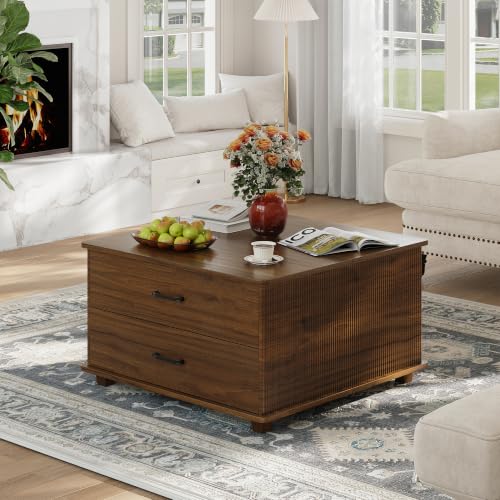 Image of MALOL Storage Coffee Table with 2 Drawers & Flip-Top Lid with Hidden Storage, Modern Fluted Wood Coffee Table, Solid Wood Legs, Square Center Table for Living Room, Walnut