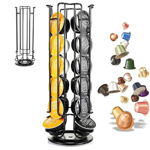 La Mejor Recopilación de Soportes para cápsulas de café los mejores 10. 43 Soporte para cápsulas de café, 24 unidades de almacenamiento, hecha en acero inoxidable giros 360 grados, organizador de cápsulas para el hogar u oficina (Negro)