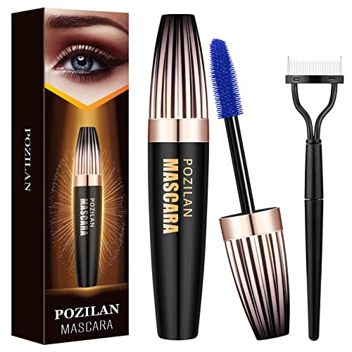 4D Silk Fiber Lash Mascara Waterproof Blue with Eyelash Comb Set, Colored Mascara for Eyelashes Blue Makeup - Lengthening, Volumizing, Long-Lasting Cover