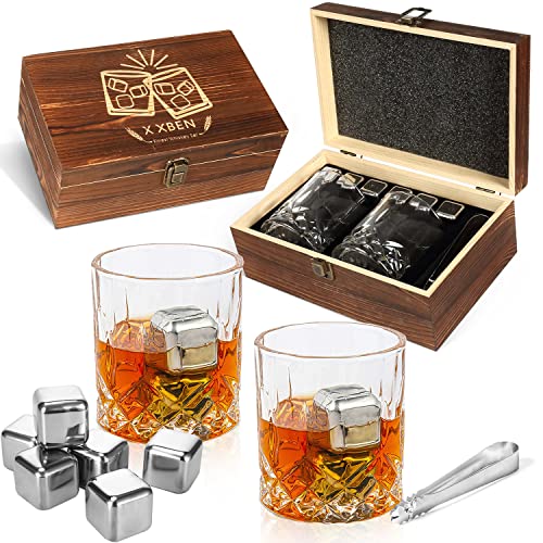 X XBEN Whisky Steine Geschenkset 2 Stück 300ml Whisky Gläser Mit 6 Edelstahl Whisky Eiswürfel Wiederverwendbar und Zange, Besondere Geschenke für Männer/Vatertag, Benutzt in Whiskey, Wodka,Wein & Mehr