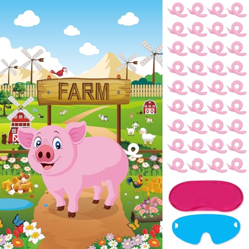Hooqict Pin The Tail on The Pig Party Game Farm Birthday Party Games for Kids Farm Animal Party Decorations Pig Party Supplies, Large Pin The Tail Game Poster with 36 Tail Stickers