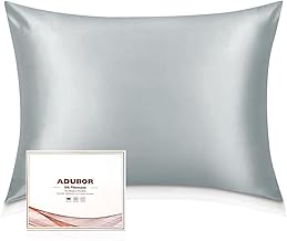 Adubor 23 Momme Silk Pillow Covers for Hair and Skin, with Hidden Zipper, Both Sides 23 Momme Silk, 900 Thread Count, Silver Grey, Set of 2
