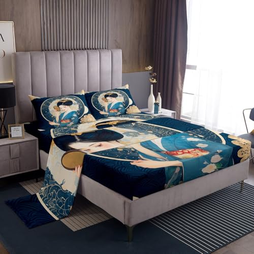 jejeloiu Japan Geisha Bed Sheets Set Full Size Kids Traditional Architecture Bedding Set for Boys Girls Teens Japanese Style Fitted Sheet Room Decor