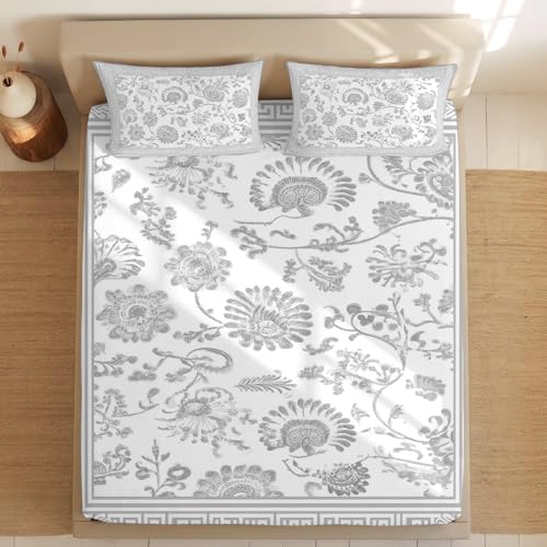 Queen Sheet Set Gray Flowers Vines Bed Sheets Set with