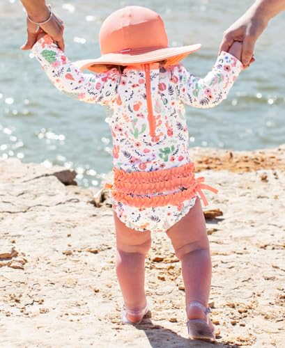 Image of RuffleButts Baby Girls UPF 50+ Sun Protection Floral Printed Long Sleeve One Piece Rash Guard Swimsuit with Zipper