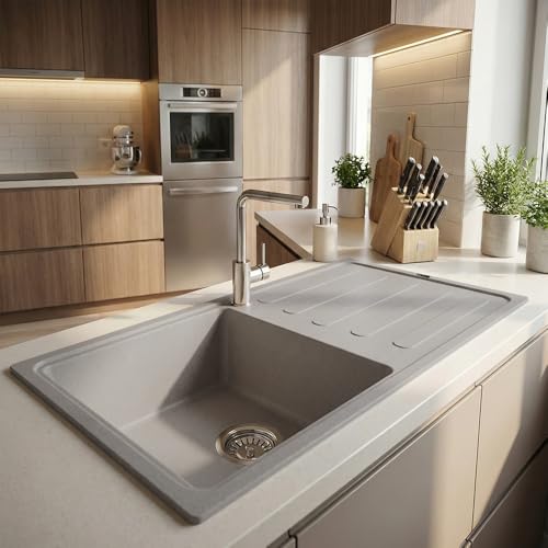Image of JAYKO Quartz Acrylic Kitchen Sink for Modular Kitchen | Granite Finish, Scratch & Heat Resistant | Easy to Clean & Stylish Sink for Home (UBR, 36x18in)
