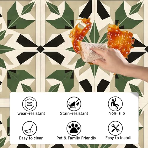 Image of Nuxovilar Peel and Stick Vinyl Floor Tiles, 12x12 Inch | Retro Dark Green Starburst Geometric Pattern, Self-Adhesive Flooring (10 Pcs)