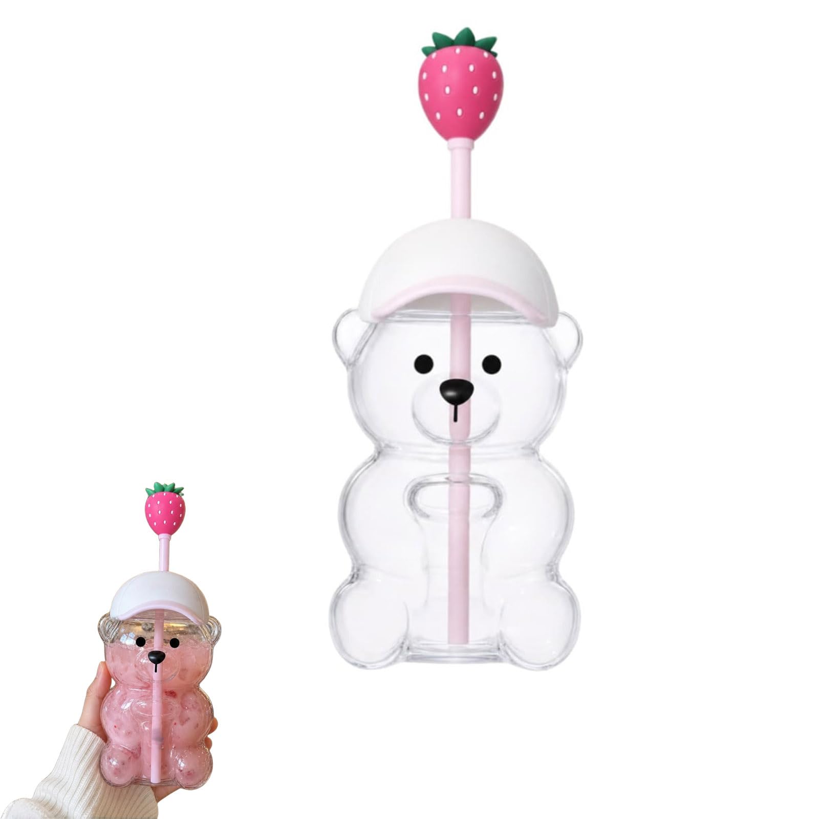 Bear Glass Cup, Cute 20oz Bear Straw Cup with Lid, Reusable Party Mug for Iced Coffee, Milk Tea, Hot/Cold Drinks, Home & Office Use (Pink)