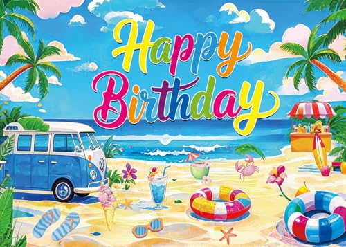 Toile de fond hawaïenne Happy Birthday XL 2,4x1,8m pour décoration de fête d'été
