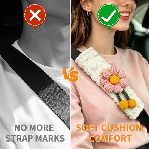Image of Cute Pink Flower Seat Belt Cover Pads for Women Girls - Soft Plush Seatbelt Cushion, Fun Car Accessories