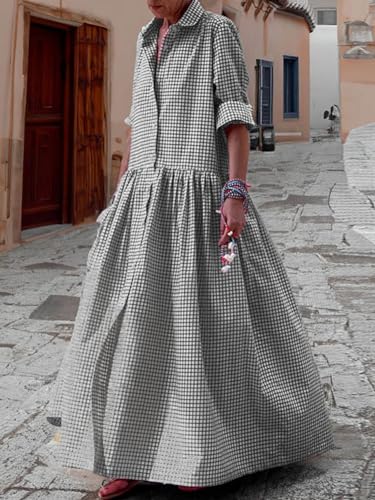 chouyatou Women's Retro Plaid Button Down Maxi Shirt Dress Long Sleeve Button Up Gingham Swing Long Dress2