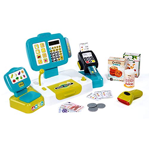 Smoby - Grande Caisse Enregistreuse Bleue - 27 Accessoires - Balance Mécanique - Vraie Calculatrice + Scanner Son...