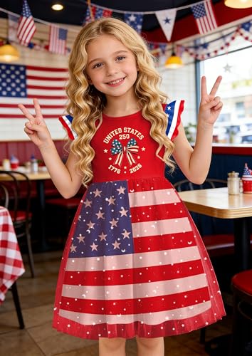Image of Girls 4th of July Dress American Patriotic Outfit USA Independence Day Clothes Flutter Sleeve Tulle Tutu Dress 5-14y