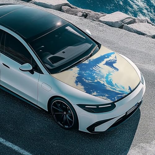 Image of Wild Shark Great Wave Car Hood Cover Protector Vehicles Sedans Trucks SUVs, Blue Shark Aesthetic Art Stretchable Auto Accessories, Ocean Surfing Lover Car Bonnet Banner