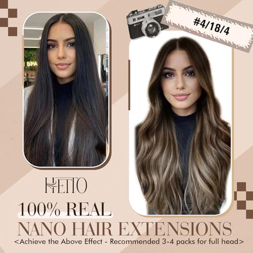 Hetto Nano Hair Extensions Balayage Human Hair Brown Nano Human Hair Extensions Brown to Blonde Ombre Nano Beads Hair Extensions Brown Hair 50s/50g 14inch Cold Fusion
