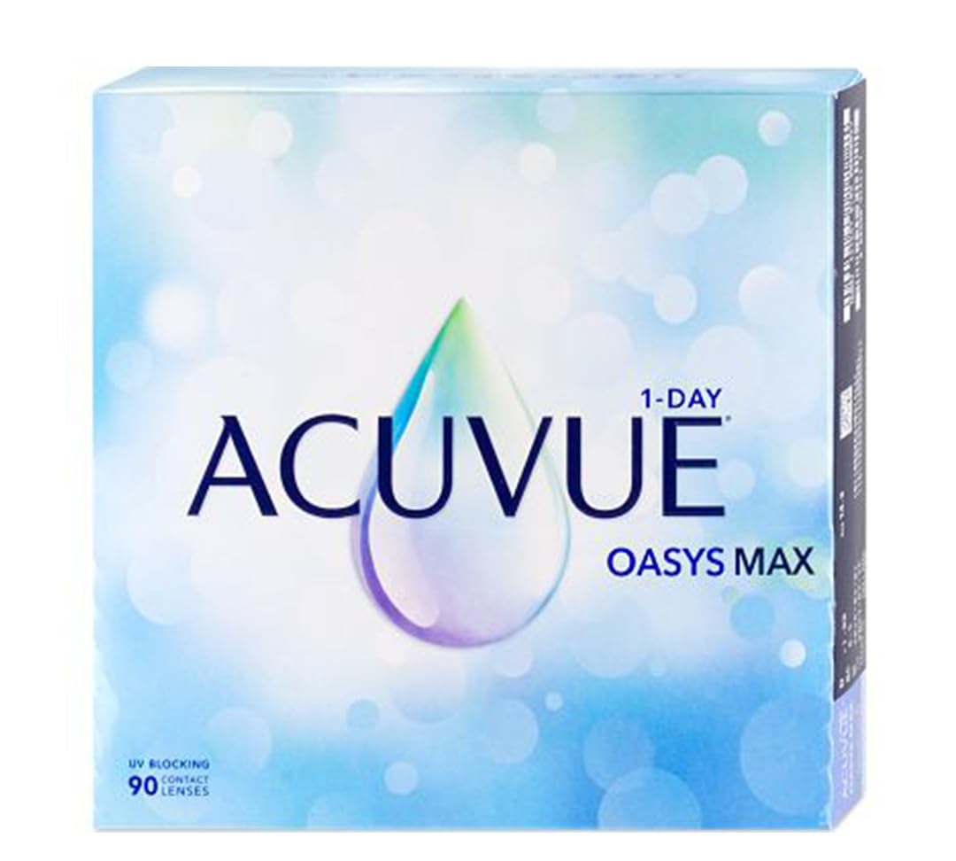 ACUVUE OASYS MAX jednodniowe soczewki kontaktowe – pomagają zmniejszyć uczucie zmęczenia i suchości oczu – 90 soczewek kontaktowych o rozdzielczości +7,50 dpt i BC 8.5 – ochrona przed promieniowaniem