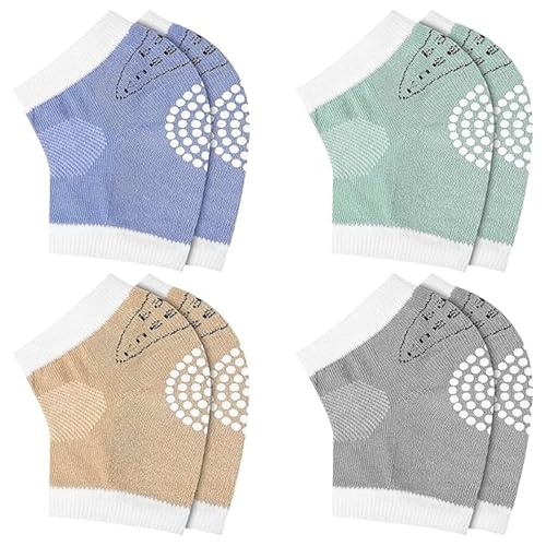 4 Pares de Rodilleras para Bebé, Rodilleras de Bebé Antideslizantes, Rodilleras para Bebé con Puntos de Goma, Rodilleras de Algodón para Bebé, Rodilleras de Bebé para Gateo (Verde, Gris, Caqui, Azul)