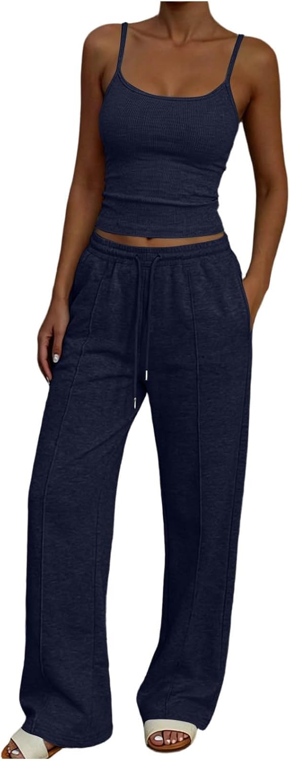 Lmdudan 2 Piece Outfits for Women Spaghetti Straps Sleeveless Camisole Shirt and Wide Leg High Waisted Casual Sweat Pants Set