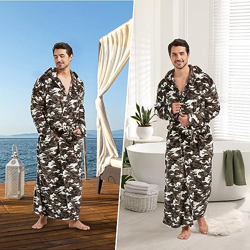 Image of FashGudim Mens Robes Big and Tall with Hood Two-Tone Flannel Fleece Contrast Bathrobe Full Length Plush Long Robe House Coat