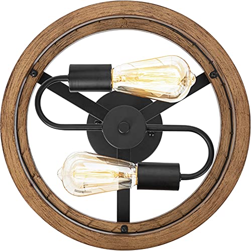 2-Light Farmhouse Semi Flush Mount Ceiling Light Fixture, Rustic Drum Wood Ceiling Lamp for Hallway Kitchen Entryway Foyer Bedroom Laundry Room, Nature Wood Texture and Black Metal Fence Finish - Thumbnail 7
