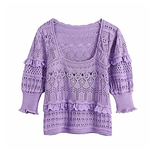 wanhaishop damtröjor kvinnor urholkade broderi kort stickad tröja kortärmad överdimensionerad volang tröja