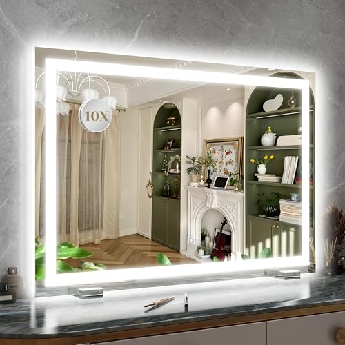 ROLOVE 32x 22 Inch Large Lighted Vanity Mirror with Dimmable 3 Modes, LED Makeup Mirror for Bathroom & Dressing Room, Tabletop or Wall-Mounted, White