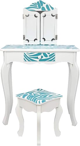 Miniatura 2 de Juego de mesa de tocador y taburete de madera para niños, estación de tocador de maquillaje con espejo desmontable de tres pliegues y cajón