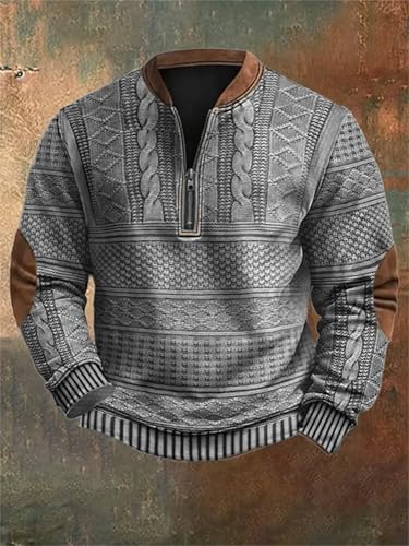 Whitecloths Life Clothing Men, Men's Vintage Knit Print Zip-Up Sweatshirt, Stand Collar Button Sweatshirt4