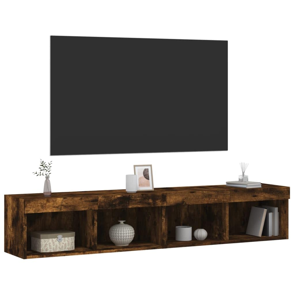 Juego de 2 armarios de TV con luces LED, roble ahumado, 80 x 30 x 30 cm, montaje en pared, centro de entretenimiento para salón