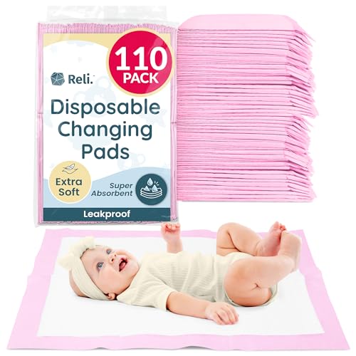 Image of Reli. Disposable Changing Pads for Baby (110 Pack) | 13" x 18" Pink Disposable Diaper Changing Pad Liners | Super Absorbent, Leak-Proof | Waterproof, Quick Dry Underpads
