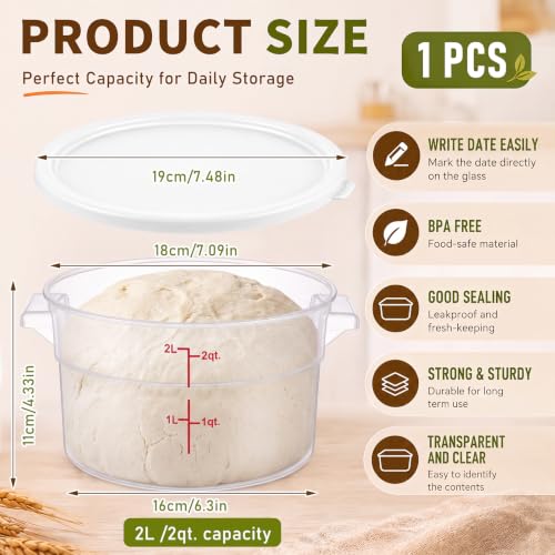 Image of Ziliny 1 Pcs 2 Qt Translucent Dough Proofing Container with Lid, White | Round Food Storage Container, Food Grade Plastic, Airtight Lid and Red Scale, Easy View, Dough Fermentation Kitchen Storage
