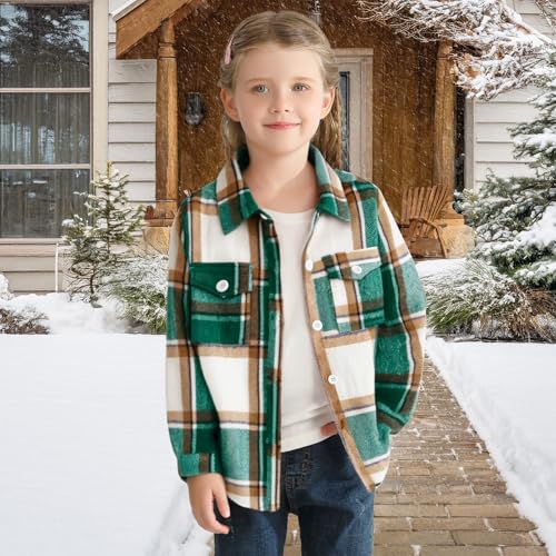 Girls Flannel Plaid Jacket Western Shirt with Pockets Button Down Top Kids Long Sleeve Collared Blouses for 4-12 Y4