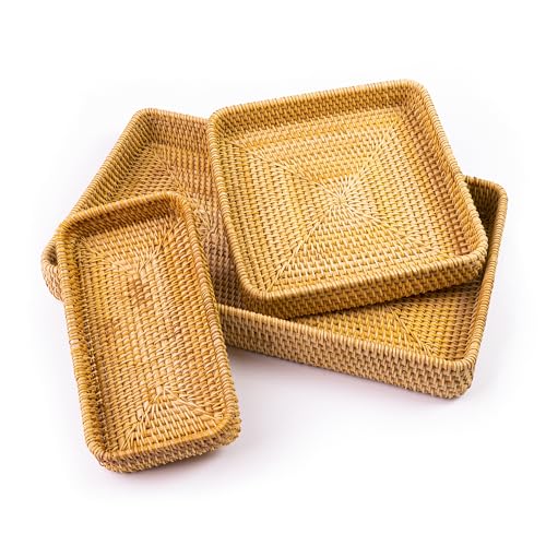 Handmade Rattan Serving Trays, Set of 3, Woven Rectangular Storage Baskets