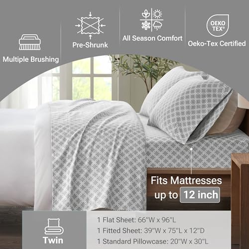 Image of True North by Sleep Philosophy Cozy Flannel Warm 100% Cotton Sheet - Novelty Print Animals Stars Cute Ultra Soft Cold Weather Bedding Set, Twin, Grey Geo 3 Piece