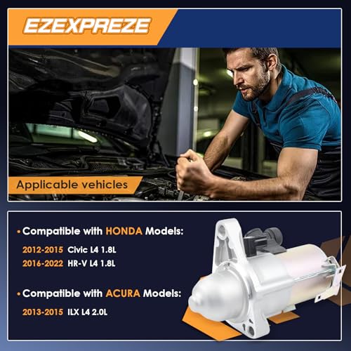 Image of Ezexpreze 19264 19159 New Starter Motor Replacement for Honda Civic 1.8L 2012-2015, HR-V 1.8L 2016-2022, Acur.a ILX 2.0L 2013 2014 2015 L4 Engine OE#: 31200-R1A-A01 31200-R0A-004 31200-RIA-A11