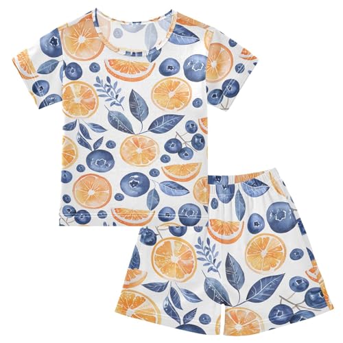 ALAZA Blueberry Orange Leaf Pajamas Short Sleeve 2 Piece Sleepwear Top and Bottom Pajama Set Unisex