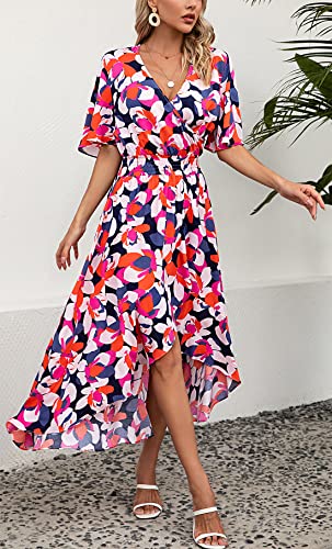Image of Kormei Women Short Sleeve V Neck Floral High Low Flowy Summer Party Long Maxi Dress