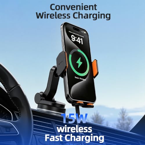 Image of Car Phone Holder Mount, Wireless Car Charger with Auto Clamping, Dashboard Phone Mount and Windshield Holder, Extendable 360 Degree Arm, Washable Gel Suction Cup, Fits Most Smartphones