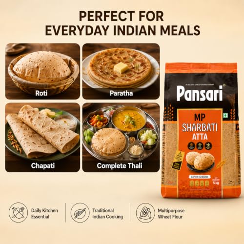 Image of Pansari 100% Natural MP Sharbati Wheat Atta 5 kg | Whole Wheat Flour | Freshly Milled | No Mixture | High Fiber | No Preservatives | Stone-Ground for Authentic Taste | 5Kg Pack