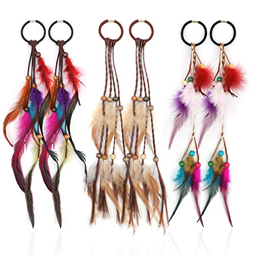 MWOOT 6Pcs Feather Hair Extension with Hair Rope, Handmade Feather Extension, Women Halloween Costume Hair Accessories, Bohemian Hippie Hair Tie, Cosplay Native Tribal Feather Braided Bead Headdress