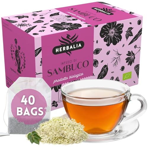 HERBALIA - Tisana de Flores de Saúco en Bolsitas, Caja de Infusión de Saúco con 40 Bolsitas sin Grapas, 52 g de Saúco para Infusiones y Tés