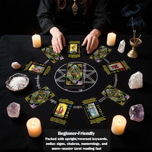 Smoostart Holografische Englische Tarotkarten mit Bedeutungen, Tarotkartendeck mit Leitfaden für Anfänger, Schlüsselwörter, Element, Planet, Chakra, Ja oder Nein, Numerologie